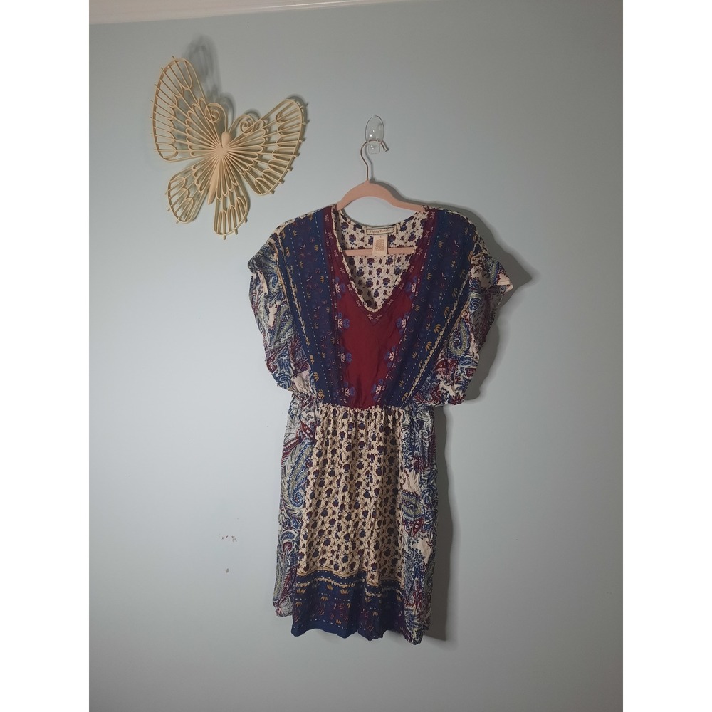 Flying Tomato Boho Paisley Floral Mini Dress Burgundy Navy Blue Rayon Small